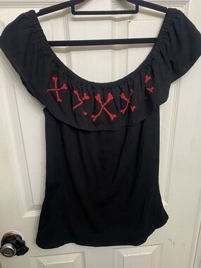 Kreepsville 666 Black Off-Shoulder Top with Red Crossbones Detail